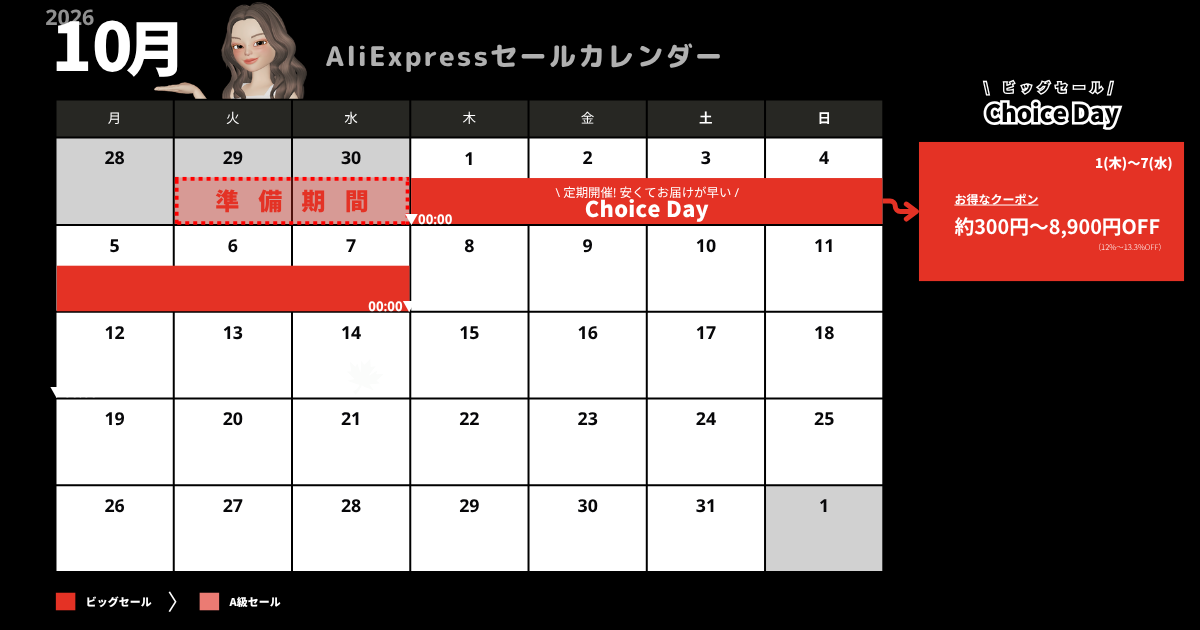 AliExpress_アリエクスプレス_2026年10月_セール情報_ChoiceDay_クーポンコード_プロモコード_割引コード