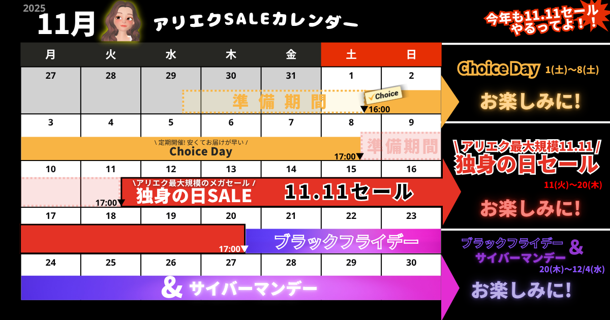 AliExpress_アリエクスプレス_2025年11月セール最新情報_セールカレンダー_開催期間_いつからいつまで？_Choice Day_11.11セール_独身の日セール_ブラックフライデー・サイバーマンデー