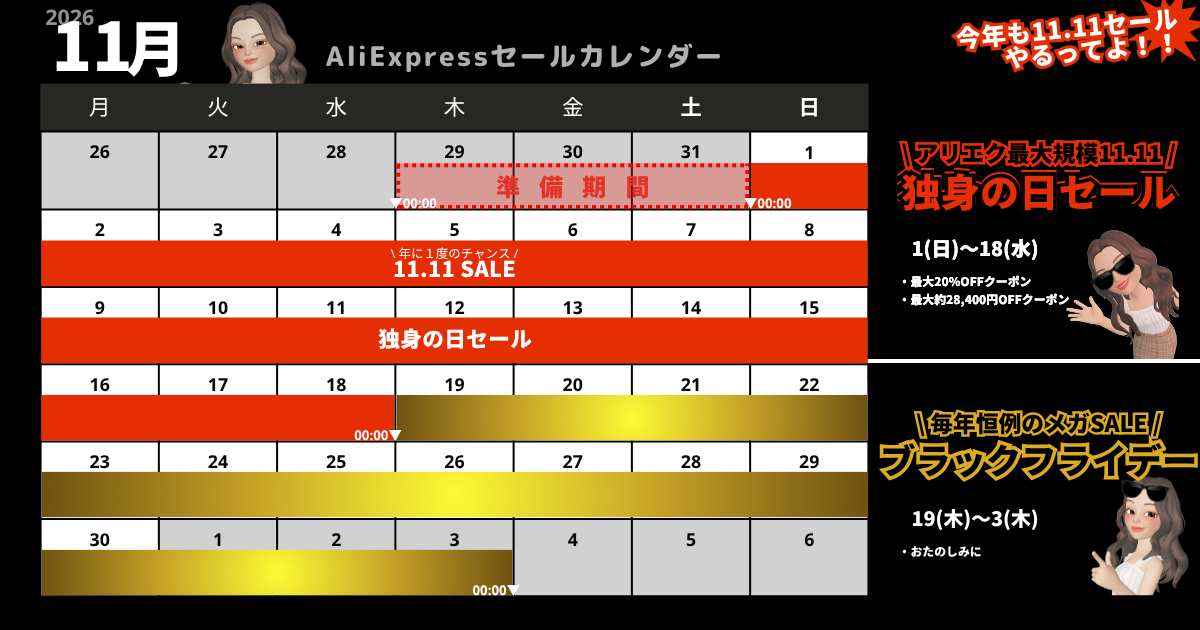 AliExpress_アリエクスプレス_2026年11月_セール情報_セールカレンダー_いつからいつまで_1111セール_11.11_独身の日セール_singlesday_クーポンコード_プロモコード_割引コード